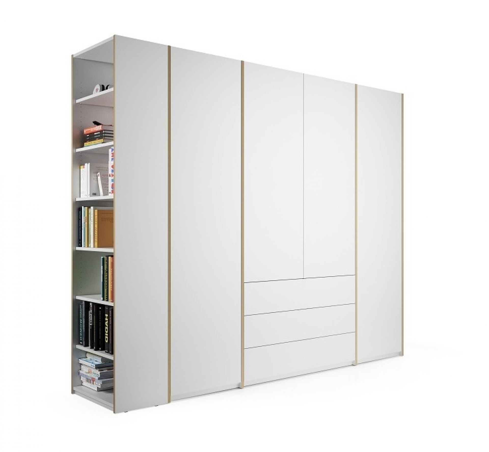Weißer MODULAR PLUS Schrank von Müller Möbelwerkstätten mit Anbauregal links, Bücher und Schubladen.